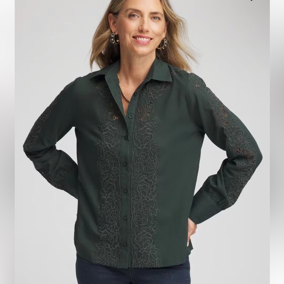 Chico's Tops - Chico's size 4/US 20 deep spruce green eyelet lace cotton cutout blouse